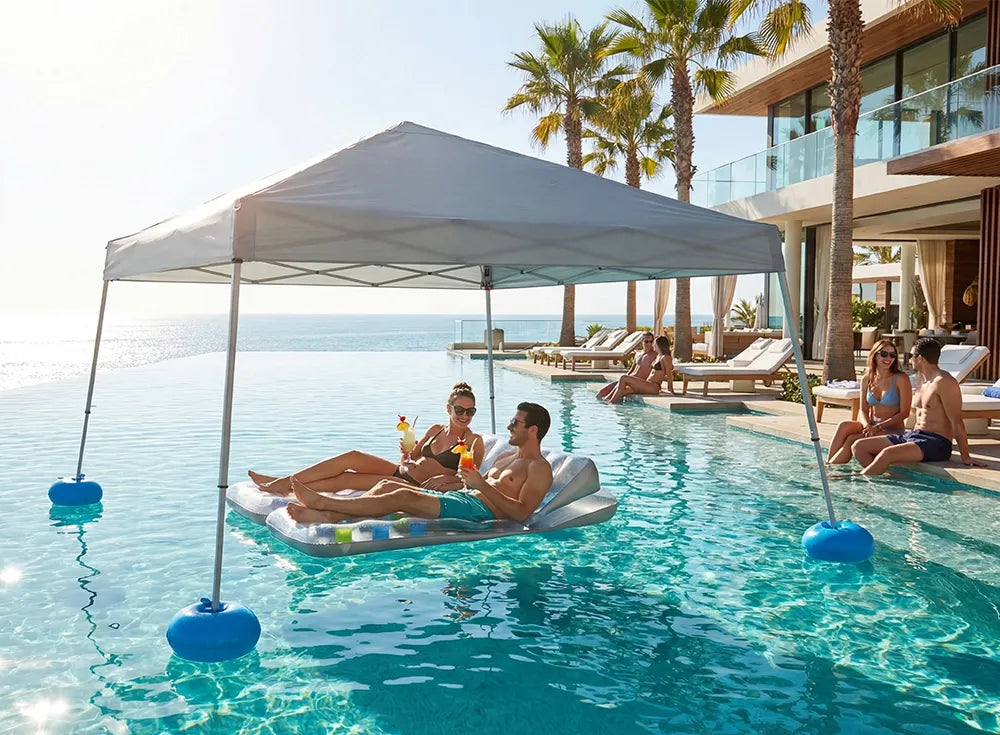 SUNJOY 10x10 Floating Pool Gazebo with PVC Floats and Carry Bag - Gray