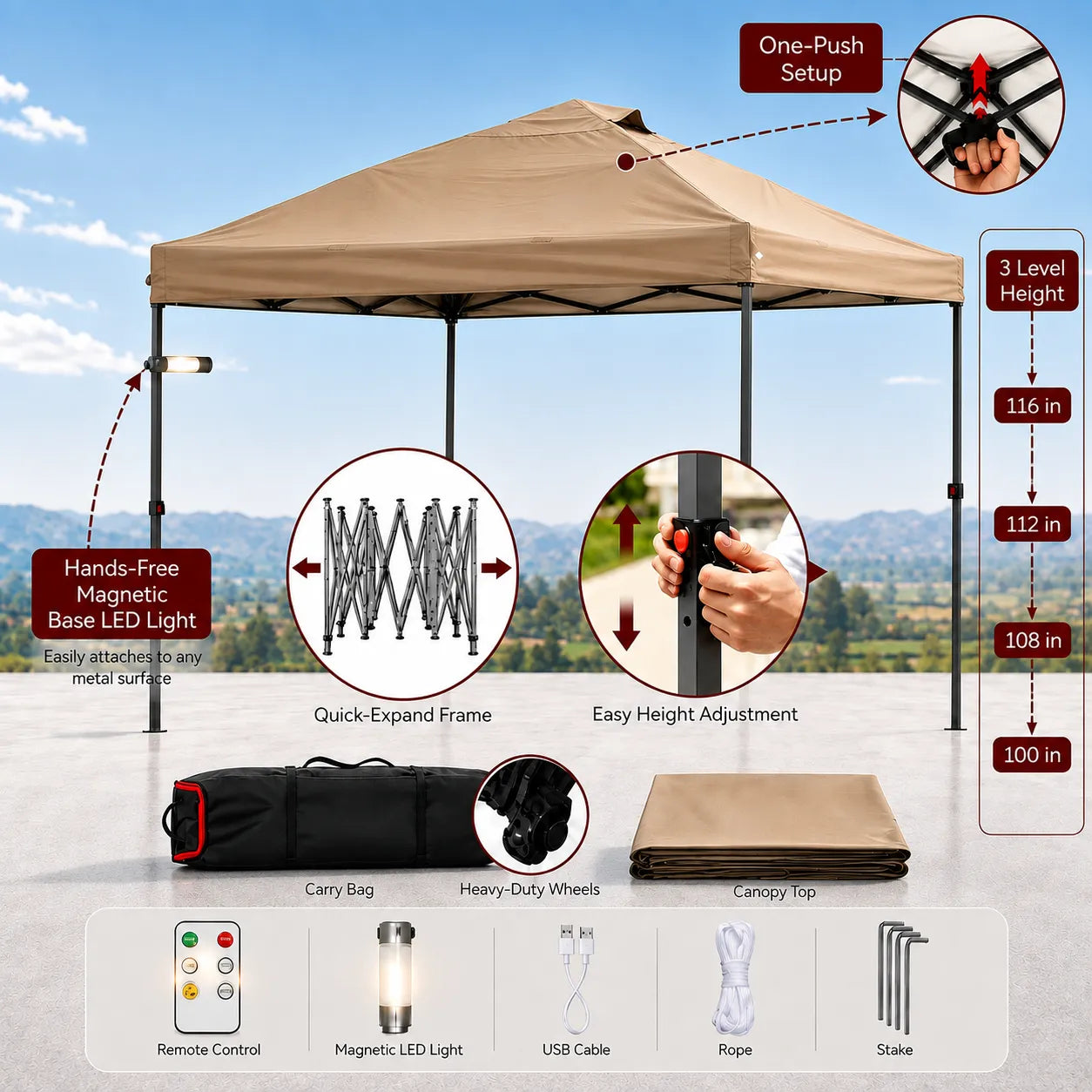 Solis Glow Instant Gazebo, 10×10 - Desert Taupe