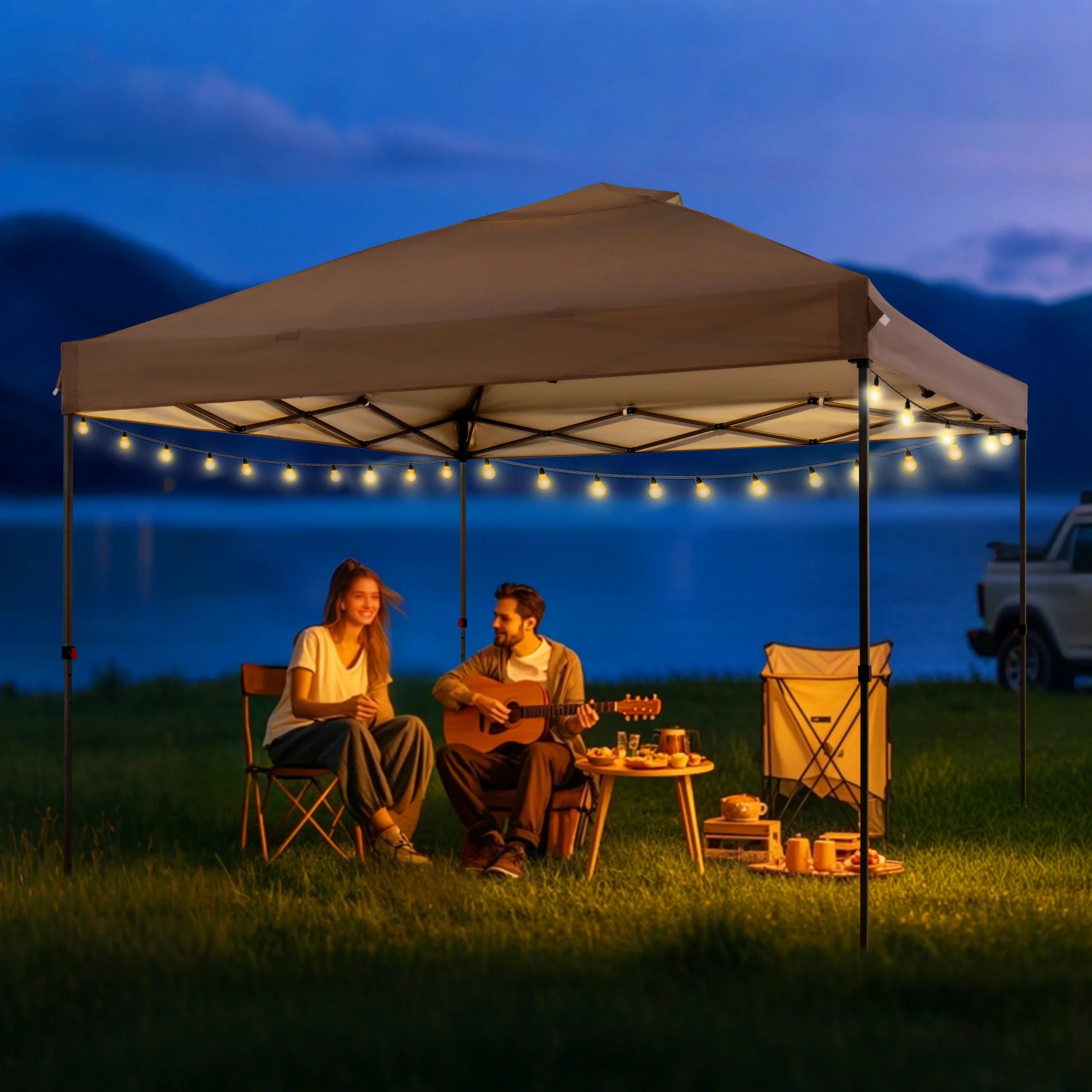tent canopy lights Sunjoy 10ft. x 10ft. POP UP Gazebo, Easy up, with Detachable LED Light, Remote Control, with Carry bag, Taupe