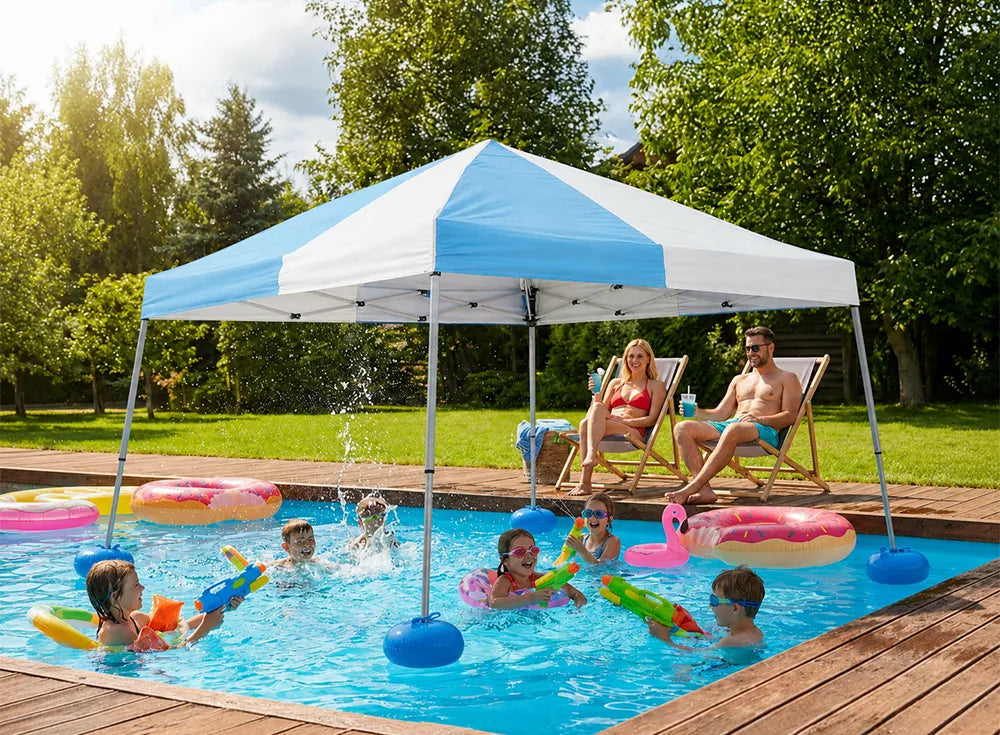 SUNJOY 10x10 Floating Pool Gazebo with PVC Floats and Carry Bag - Gray & Light Blue
