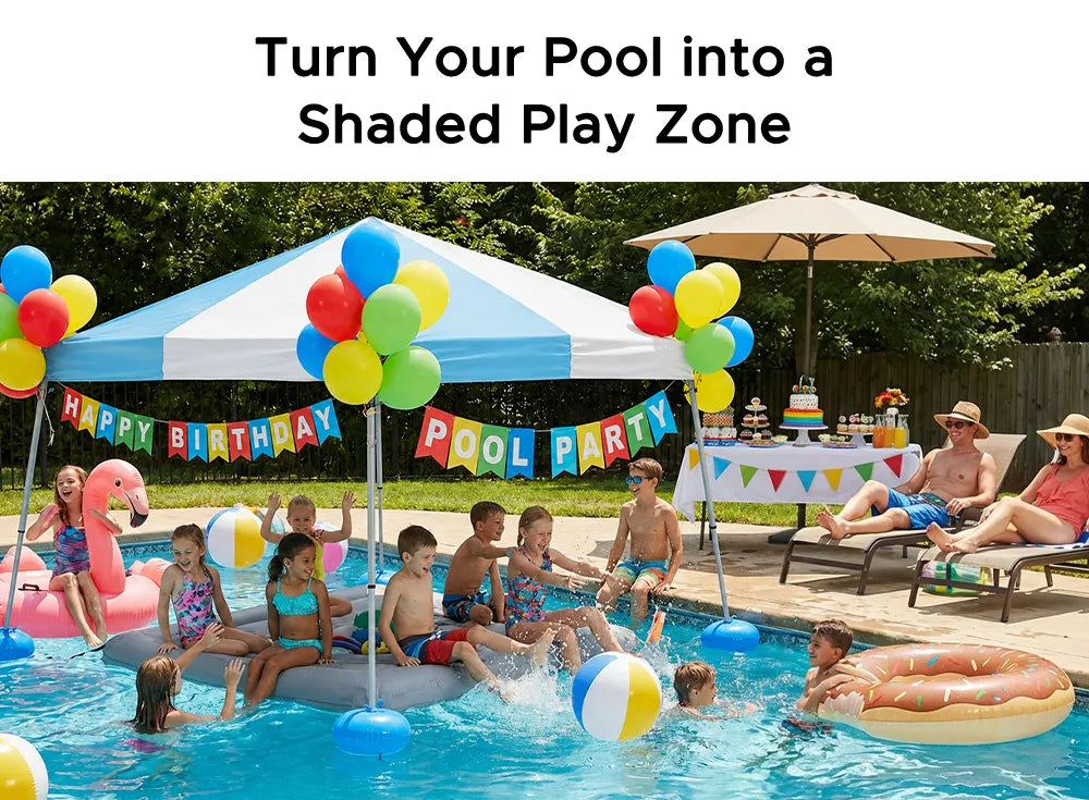SUNJOY 10x10 Floating Pool Gazebo with PVC Floats and Carry Bag - Gray & Light Blue