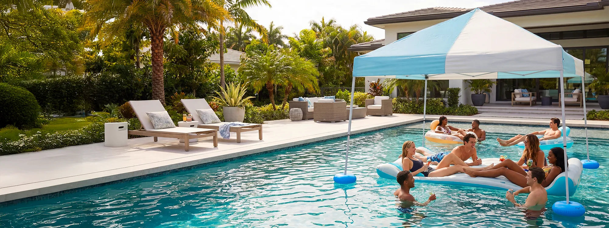 SUNJOY 10x10 Floating Pool Gazebo with PVC Floats and Carry Bag - Gray & Light Blue