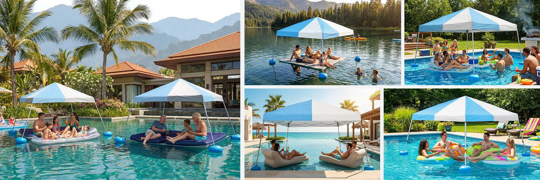SUNJOY 10x10 Floating Pool Gazebo with PVC Floats and Carry Bag - Gray & Light Blue