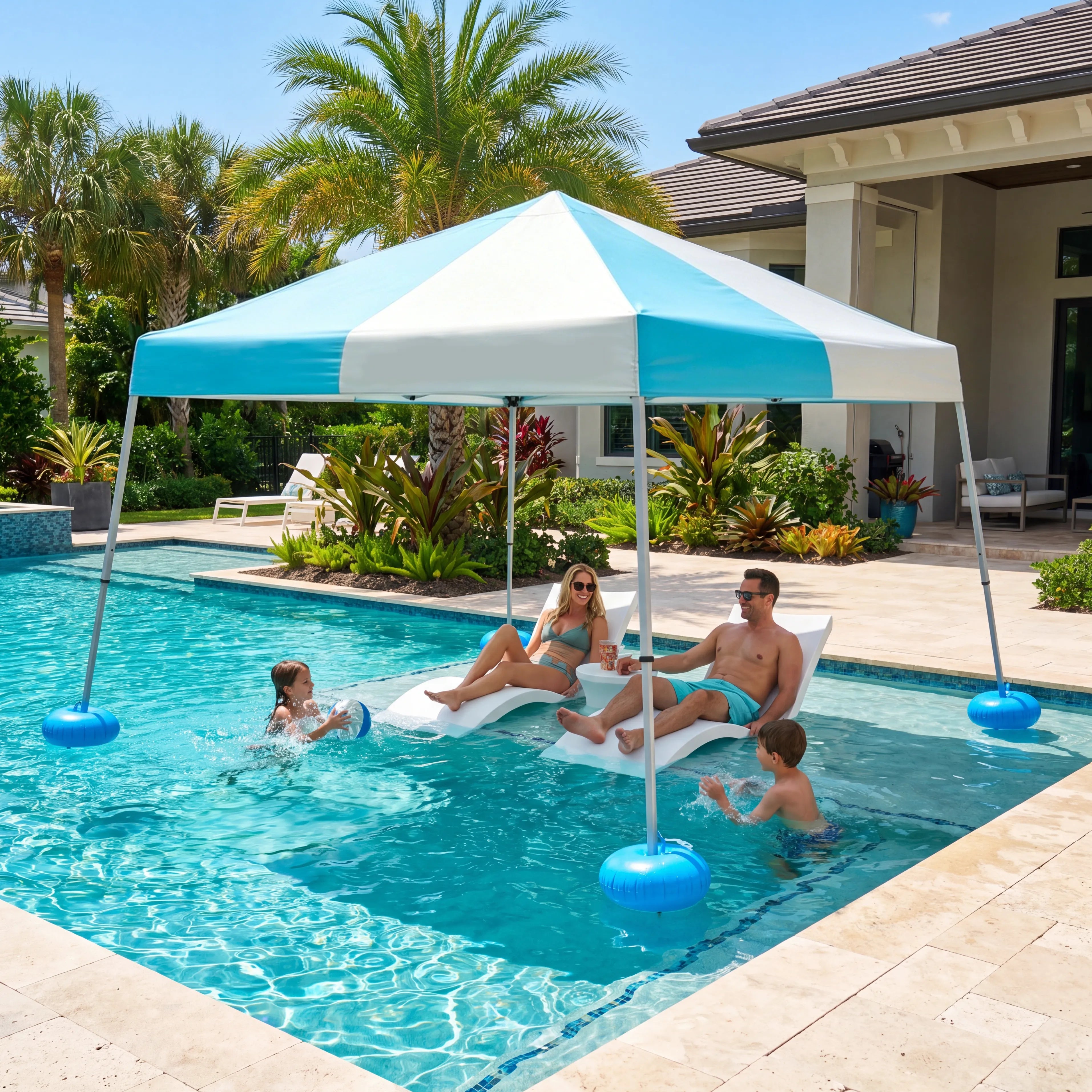 SUNJOY 10x10 Floating Pool Gazebo with PVC Floats and Carry Bag - Gray & Light Blue