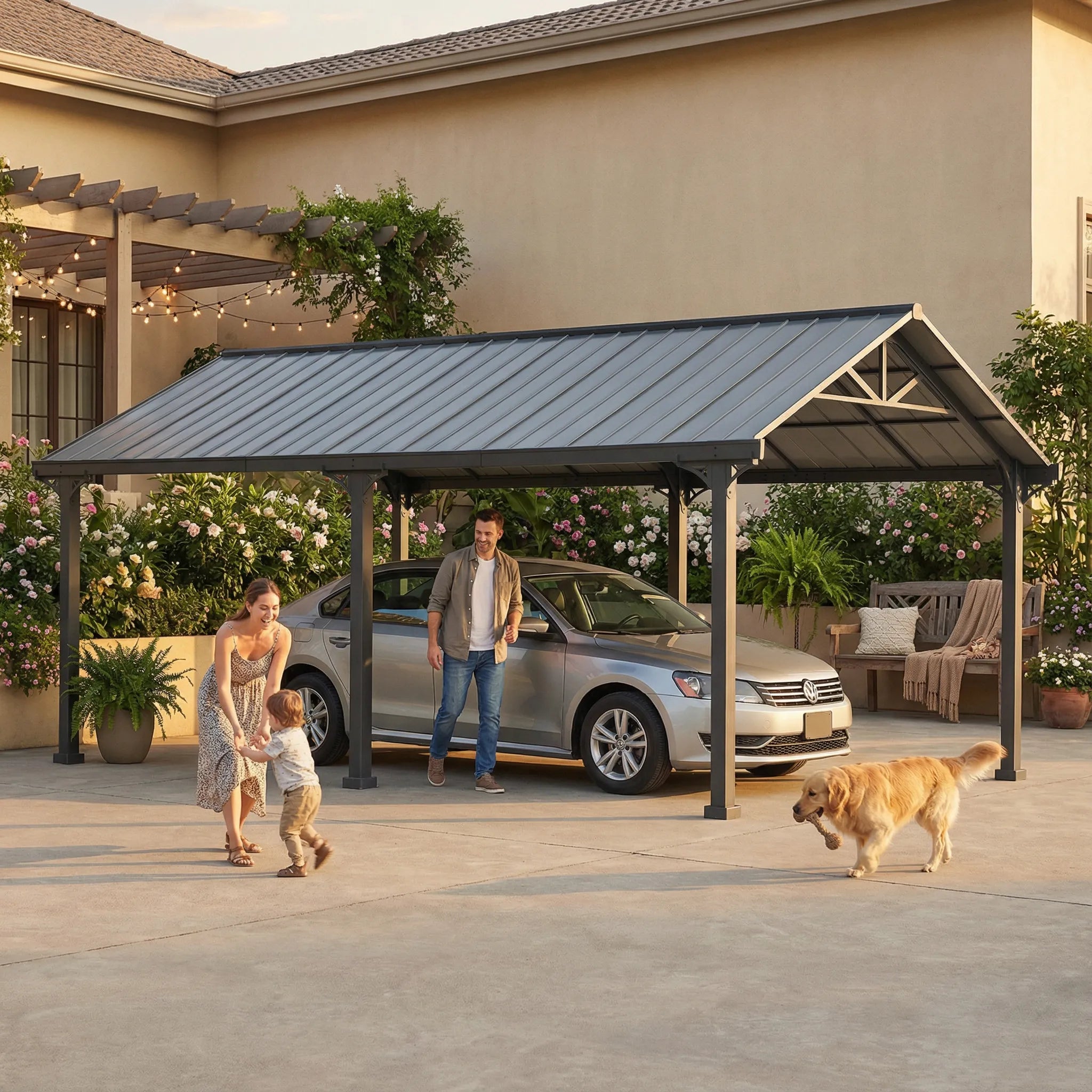 SUNJOY 12x20 Metal Carport Gable Roof Gazebo with 2 Ceiling Hooks