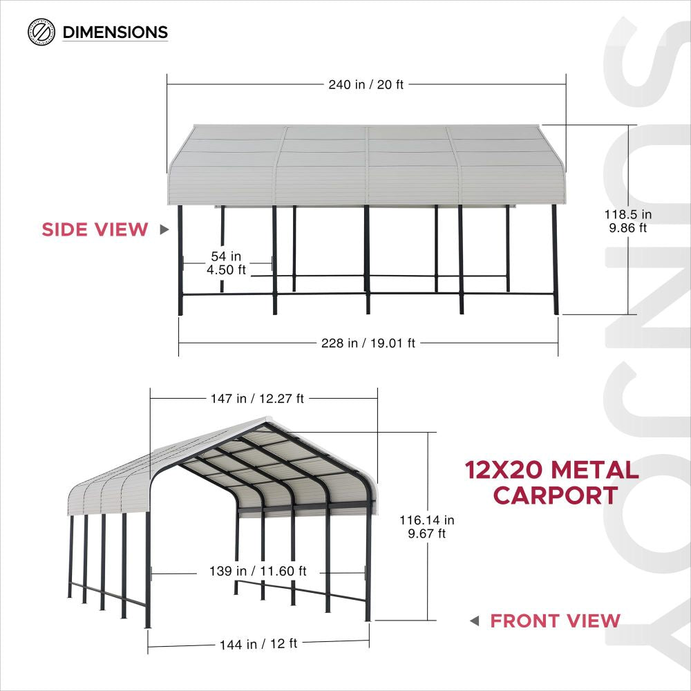 SUNJOY 12x20 Heavy Duty Metal Carport Gazebo with Ceiling Hook.