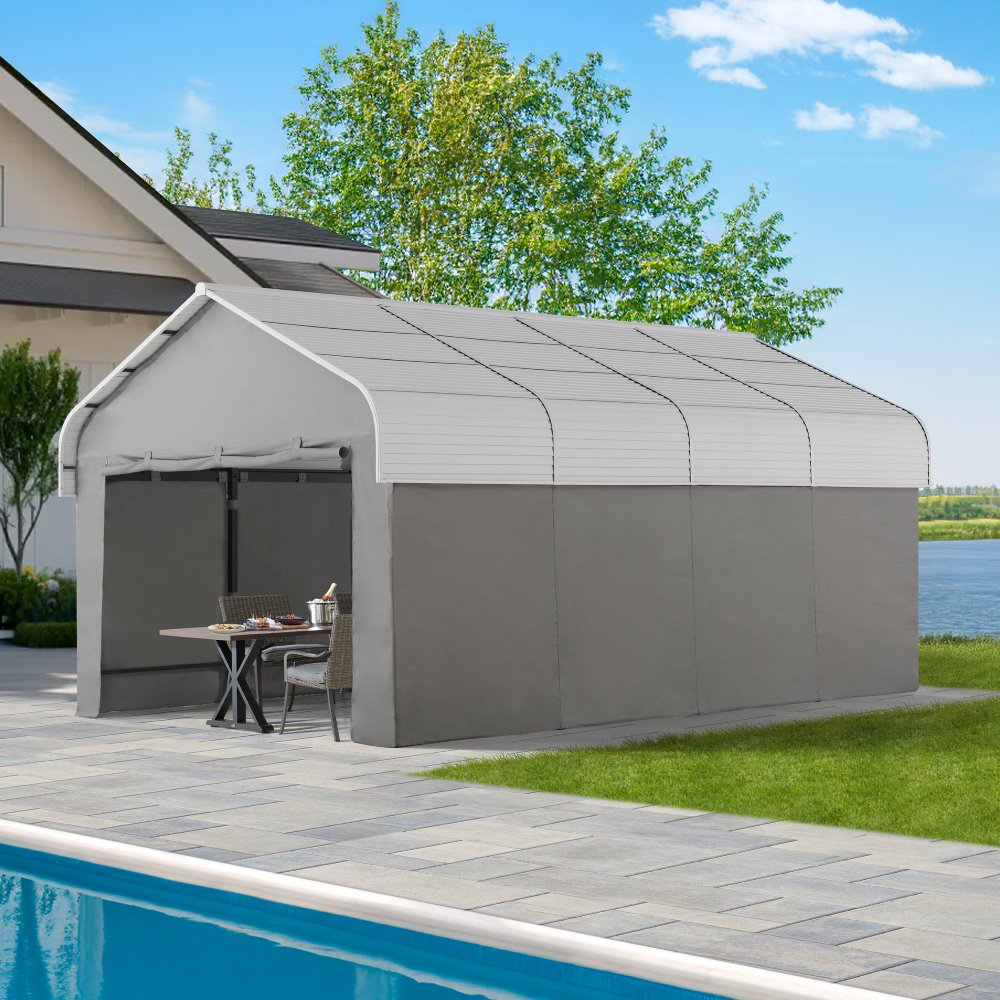 SUNJOY 12x20 Enclosed Carport Kit Metal Roof Gazebo with Fabric Cover.