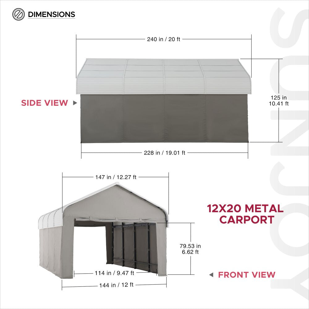 SUNJOY 12x20 Enclosed Carport Kit Metal Roof Gazebo with Fabric Cover.