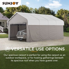 Sunjoy 12x20 Metal Carports, Outdoor Gazebo with Light Gray Metal Roof, Outdoor Living Pavilion with Ceiling Hook, and Fabric Enclosure.