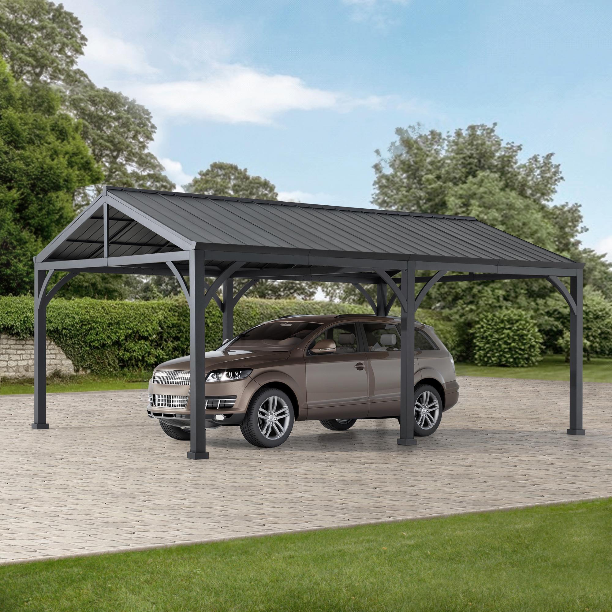 Sunjoy 14x20 Metal Carport, Steel Gable Roof Gazebo, Outdoor Living Pavilion with 2 Ceiling Hooks.