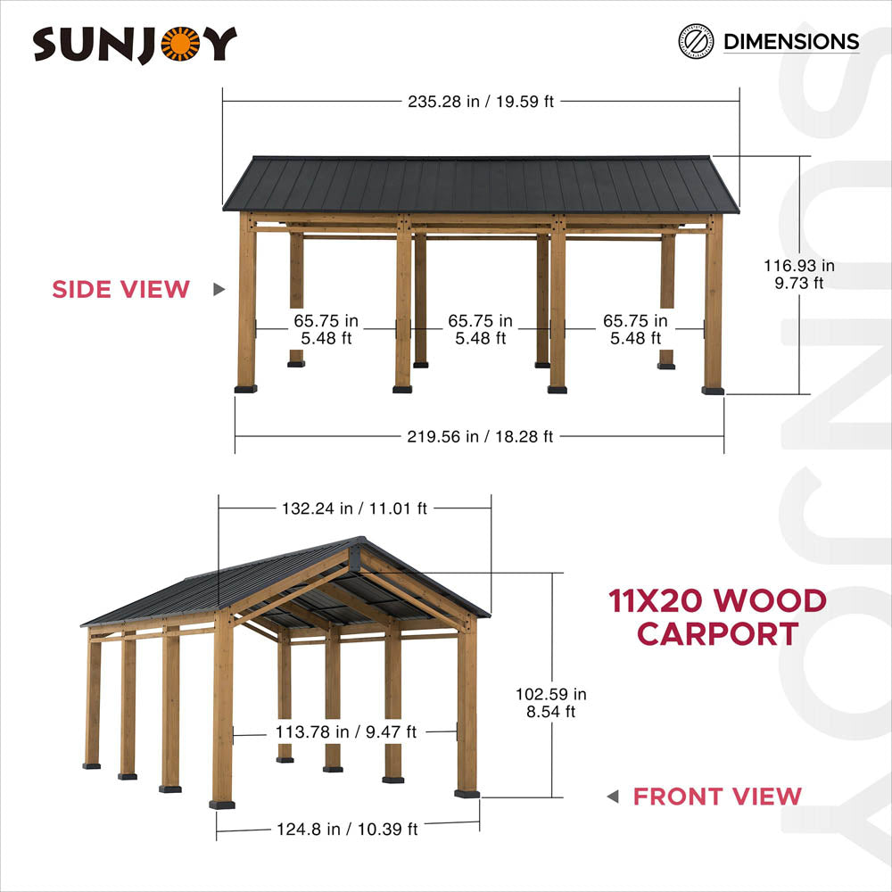 Sunjoy 11x20 Wood Carport, Black Steel Gable Roof Gazebo, Outdoor ...