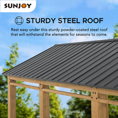 Sunjoy 11x20 Wood Carport, Black Steel Gable Roof Gazebo, Outdoor Living Pavilion with 2 Ceiling Hooks