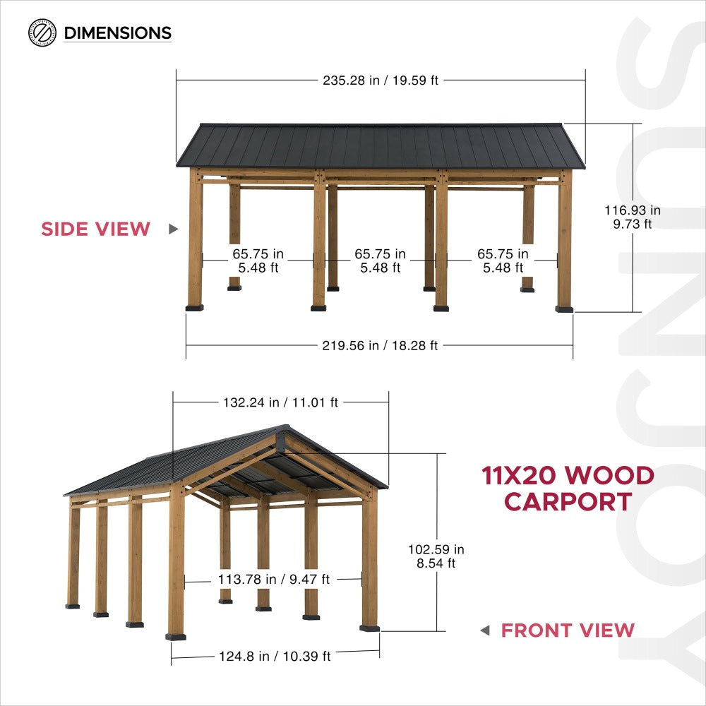 SUNJOY 11x20 Wood Carport Gazebo Kits with Ceiling Hooks.