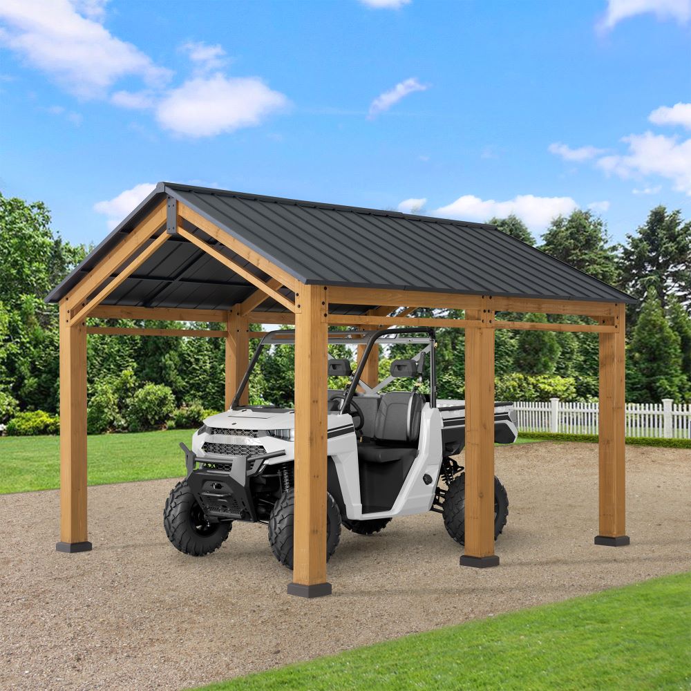 SUNJOY 11x13 Small Wooden Carport Gazebo with Ceiling Hook.