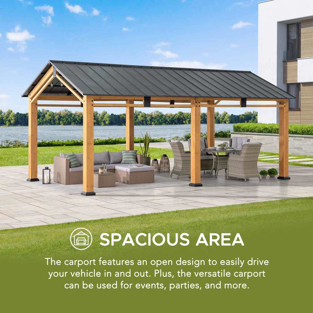 SUNJOY 11x13 Small Wooden Carport Gazebo with Ceiling Hook.