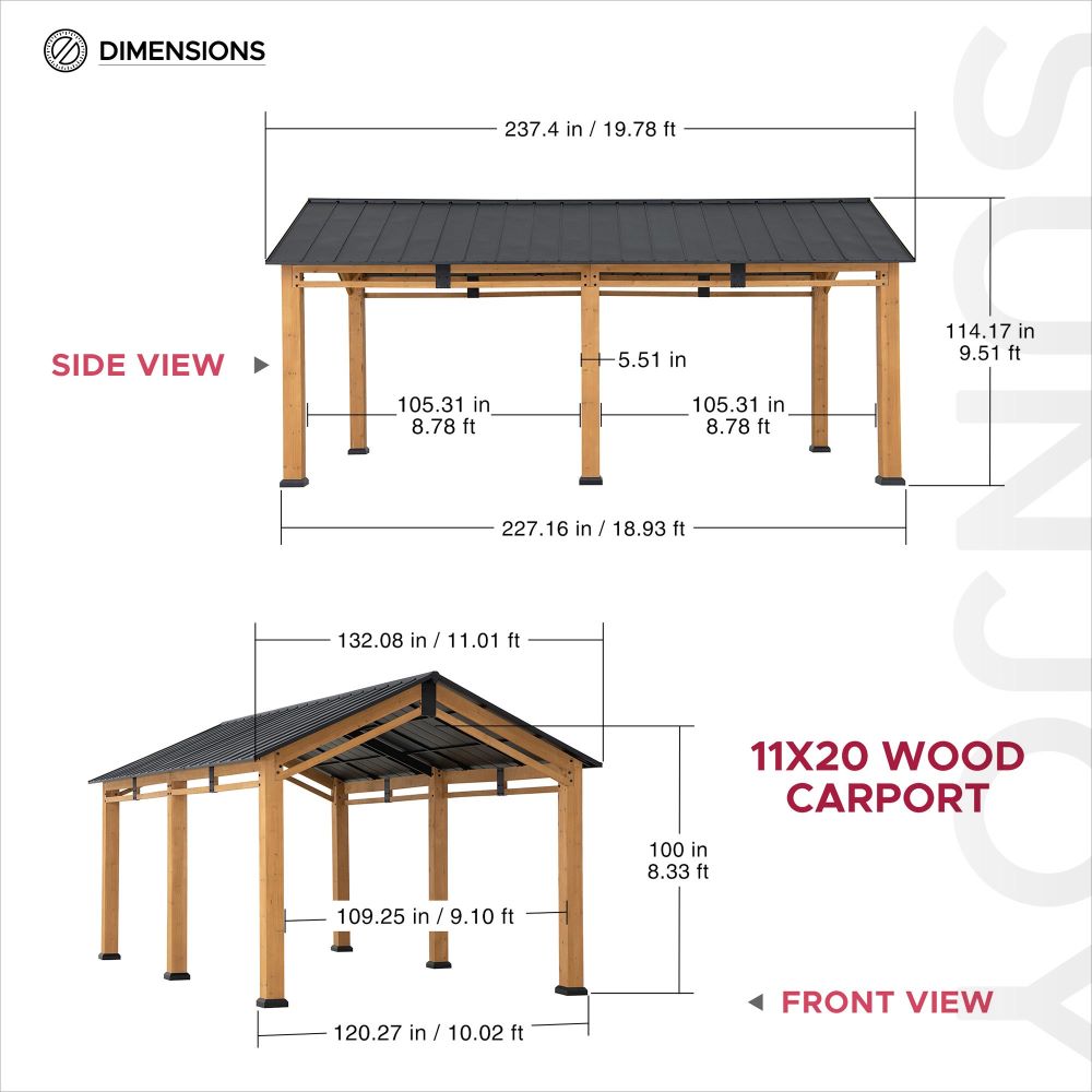 SUNJOY 11x13 Small Wooden Carport Gazebo with Ceiling Hook.