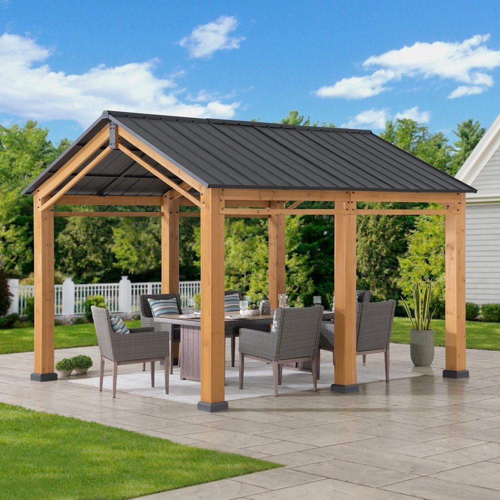 SUNJOY 11x13 Small Wooden Carport Gazebo with Ceiling Hook.