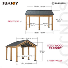 SUNJOY 11x13 Wood Carport, Black Gable Roof Wood Gazebo, Outdoor Living Pavilion with Ceiling Hook