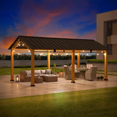 Sunjoy 11x20 Wood Carport, Black Steel Gable Roof Gazebo, Outdoor Living Pavilion with 2 Ceiling Hooks.