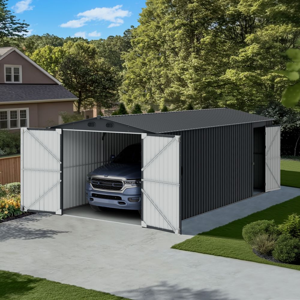 SUNJOY 10x20 Storage Shed Kits with Lockable Doors and Vents.