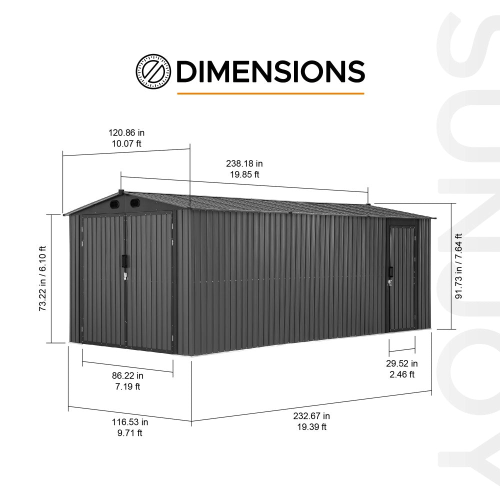 SUNJOY 10x20 Storage Shed Kits with Lockable Doors and Vents.