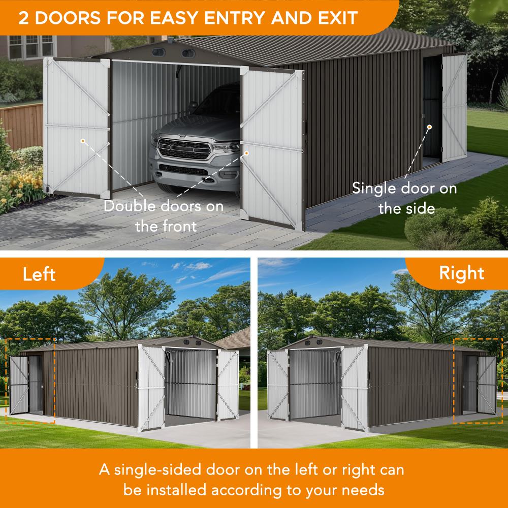 SUNJOY 10x20 Storage Shed Kits with Lockable Doors and Vents.
