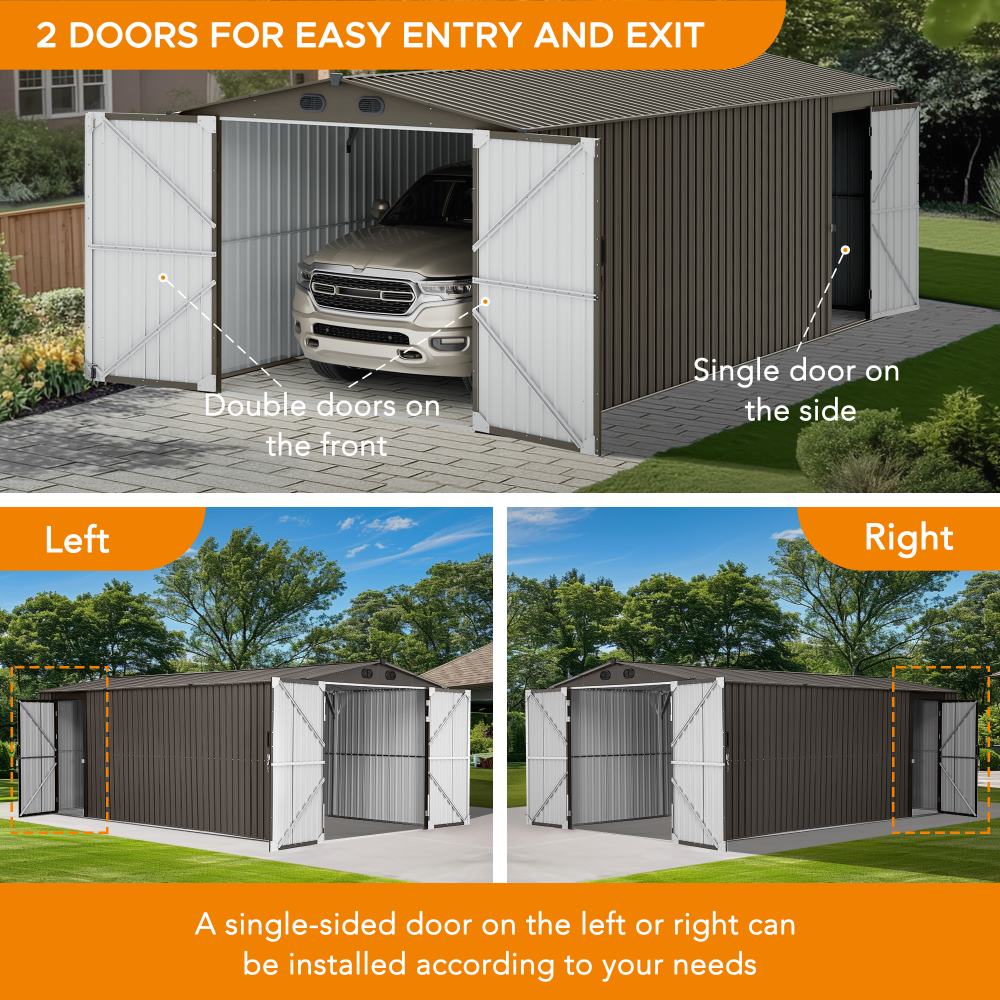 SUNJOY 10x20 Storage Shed Kits with Lockable Doors and Vents - Tan 