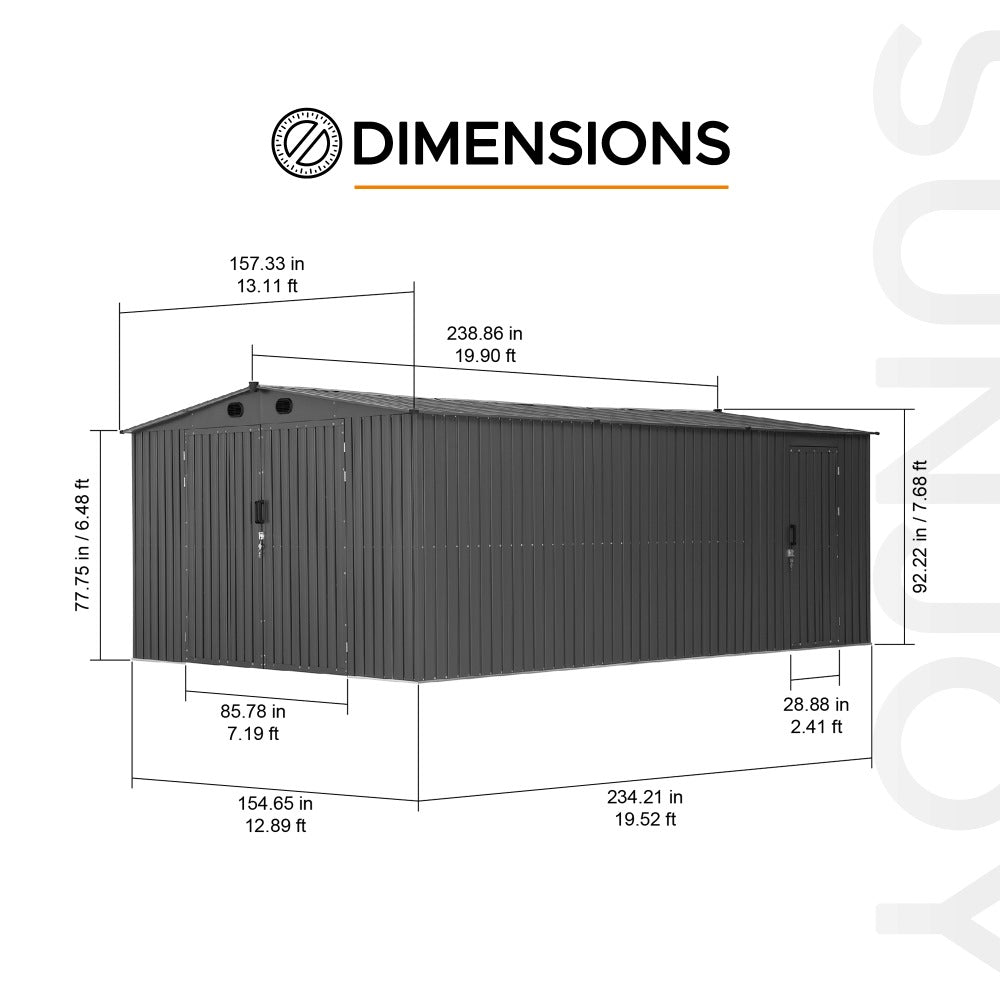 SUNJOY 13x20 Metal Shed Kits with Lockable Doors and Vents.