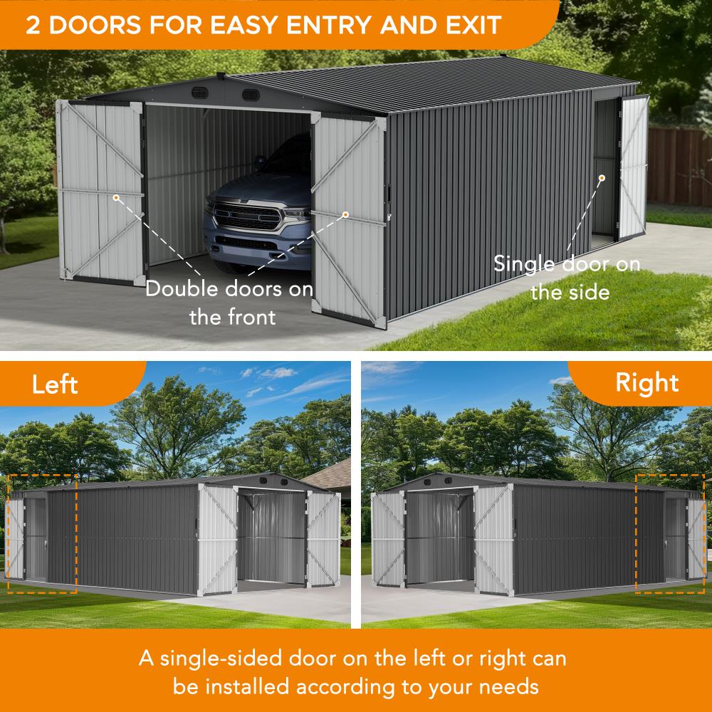 SUNJOY 13x20 Metal Shed Kits with Lockable Doors and Vents.