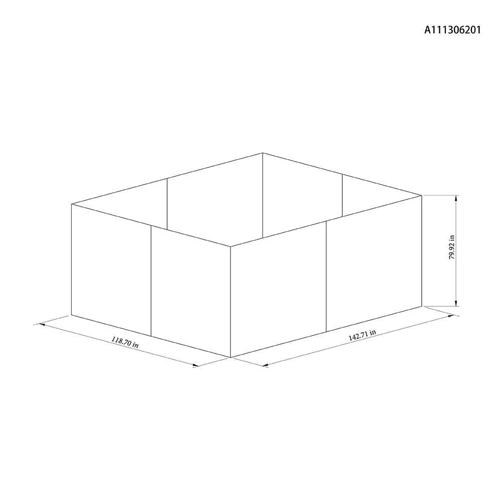 A simple line drawing of a rectangular open-top container or box with dimension arrows and measurements labeled