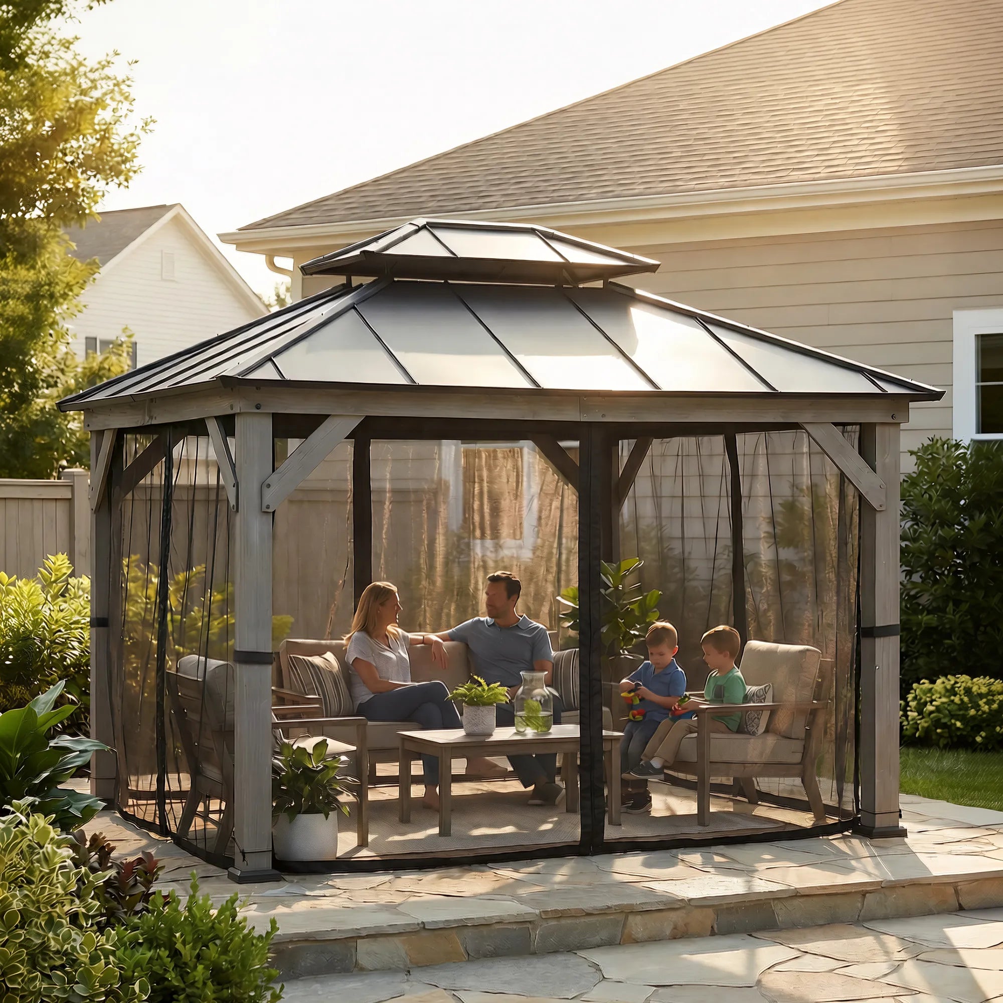 SUNJOY Gazebo Mosquito Netting Replacement for 10 ft. x 12 ft. Wood Frame Gazebo - Black