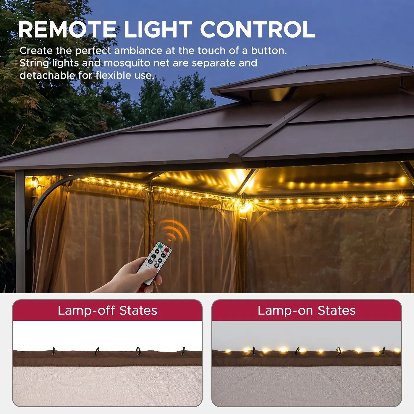 SUNJOY Mosquito Netting for 10x12 Hardtop Gazebo with Warm White LED Lights
