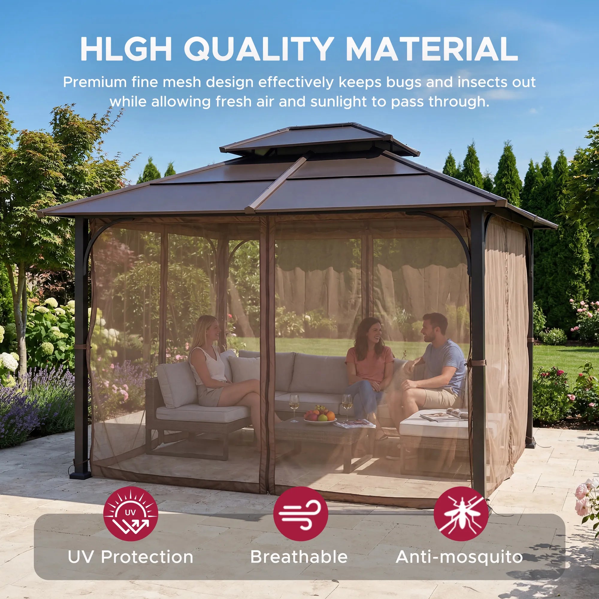 SUNJOY Mosquito Netting for 10x12 Hardtop Gazebo with Warm White LED Lights