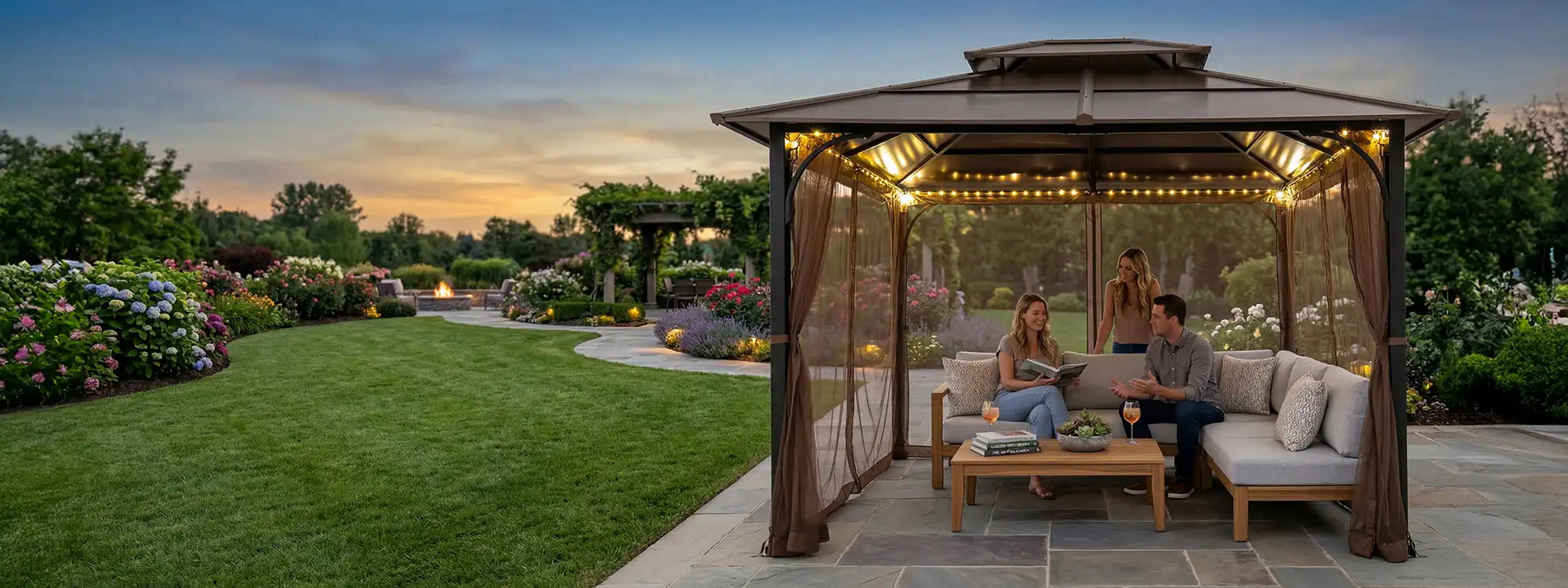 SUNJOY Mosquito Netting for 10x12 Hardtop Gazebo with Warm White LED Lights