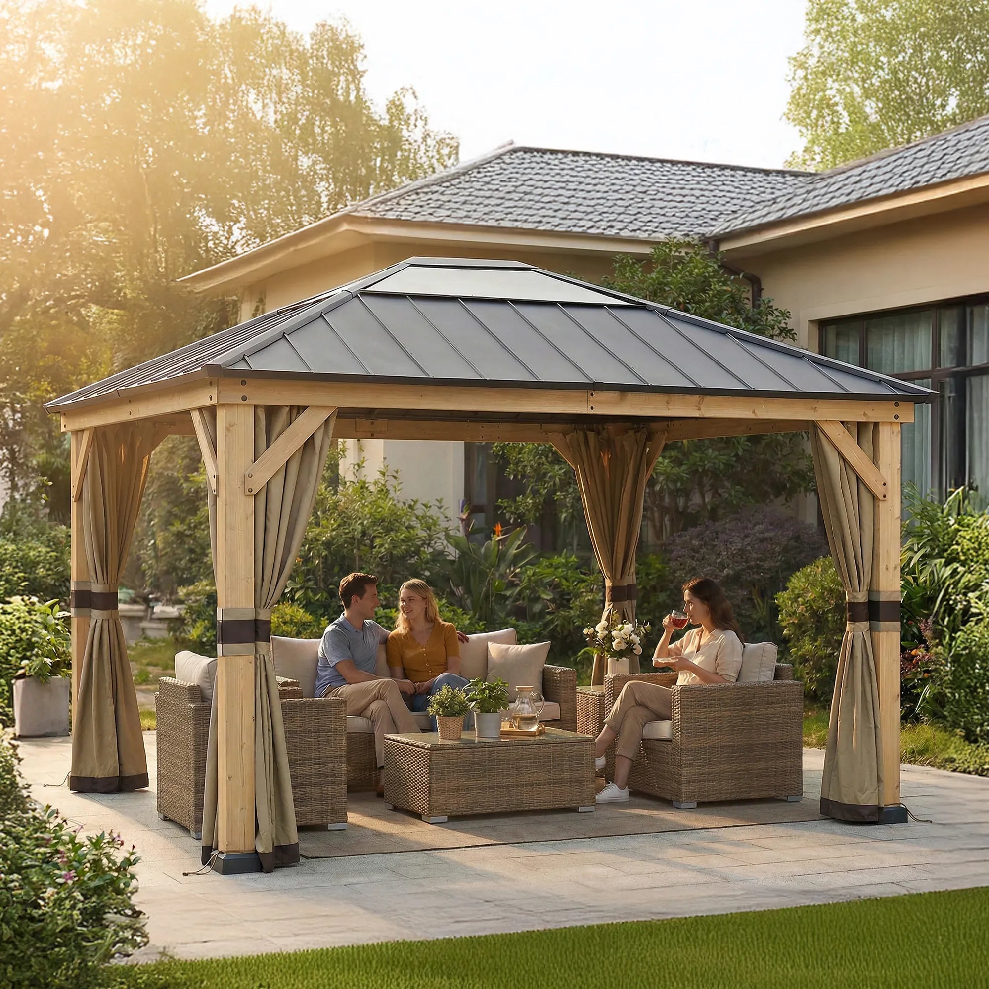 SUNJOY Replacement Curtains and Mosquito Netting for 11 ft. ×13 ft. Wood-Framed Gazebos