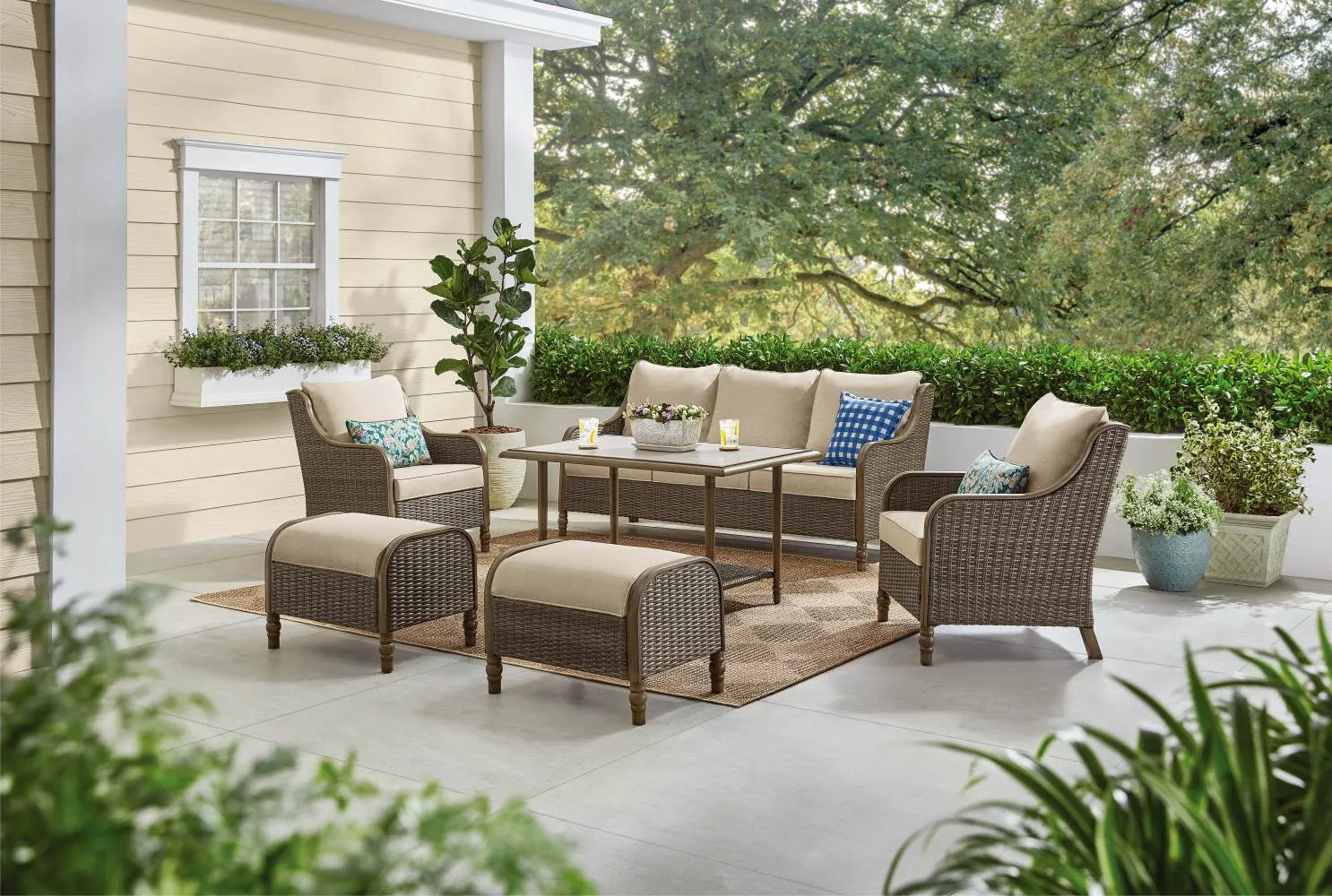 Windsor 6-Piece Brown Wicker Outdoor Patio Conversation Seating Set with Cushion Guard Biscuit Tan Cushions