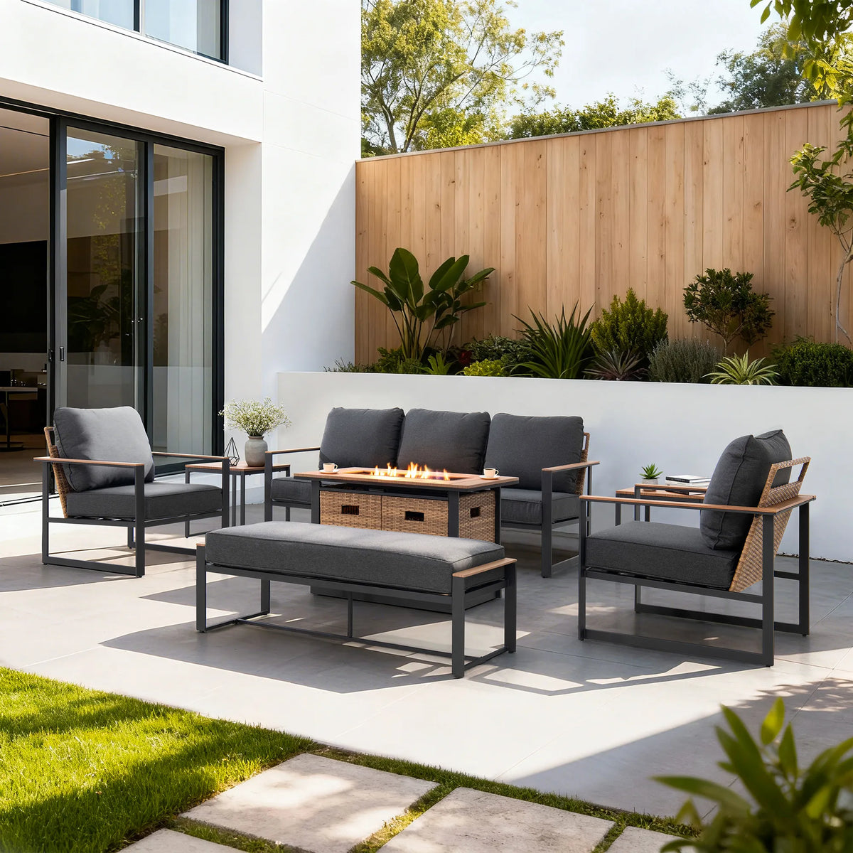 SUNJOY allen + roth Dorsey 7 -Piece Rattan Patio Sofa Conversation Set