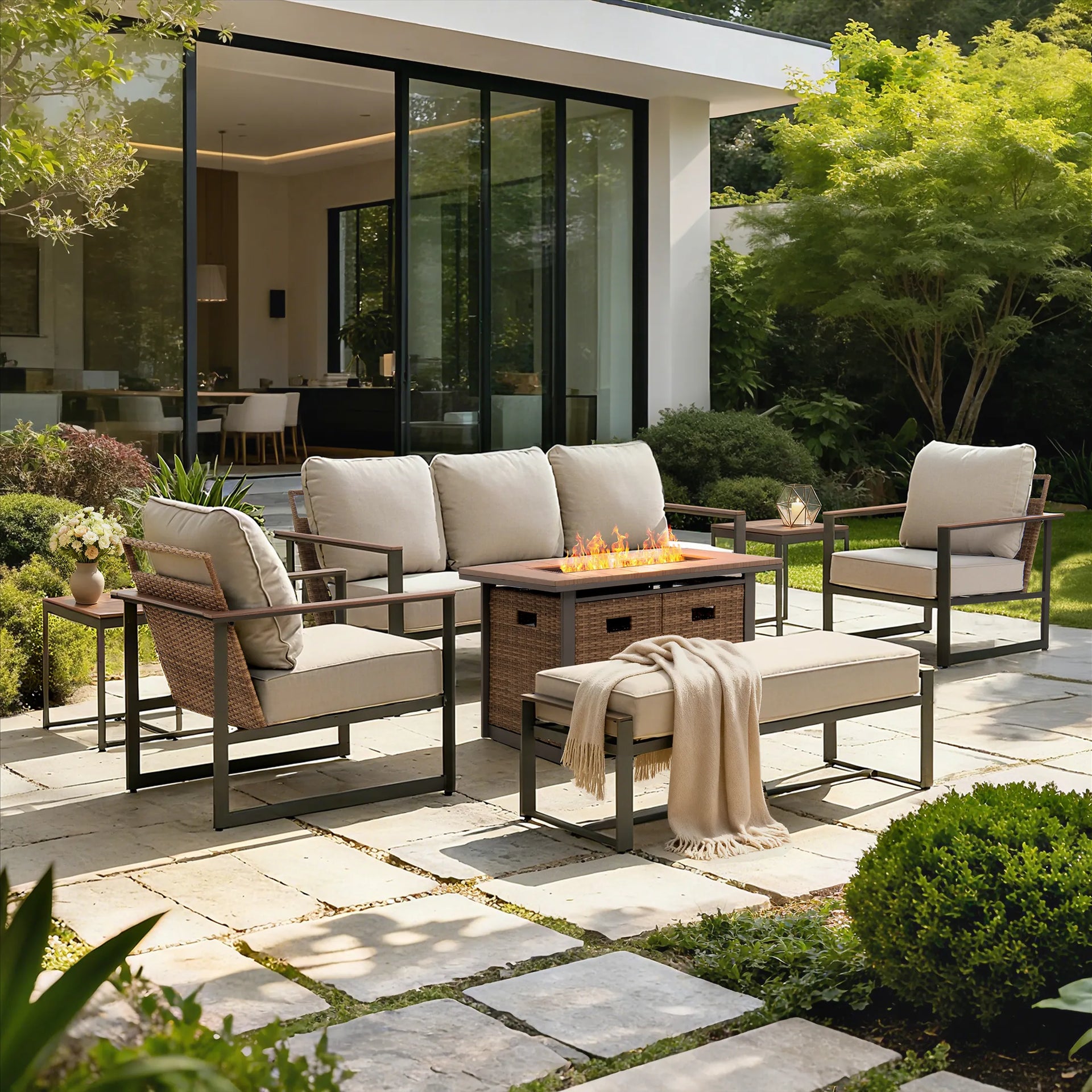 allen + roth Dorsey 7 -Piece Rattan Patio Sofa Conversation Set with C