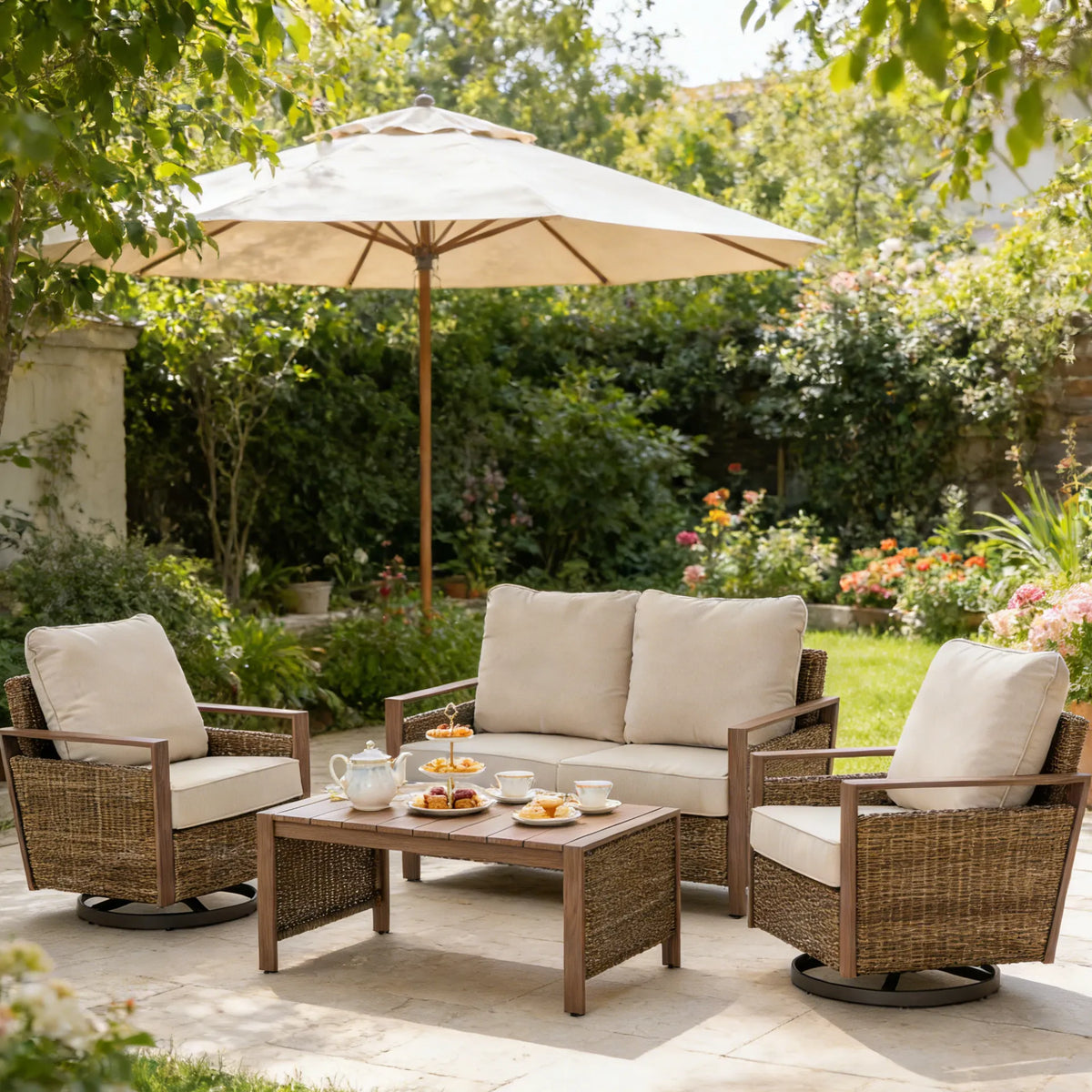 allen + roth Dorsey 4 -Piece Rattan Patio Sofa Conversation Set with C