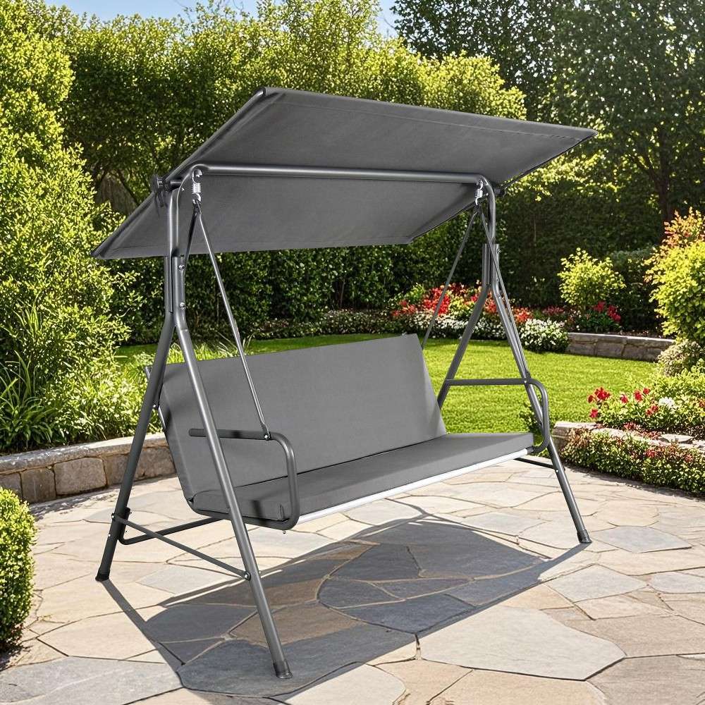 SUNJOY 2-Seat Outdoor Porch Swing with Adjustable Canopy and Removable Cushion - Gray