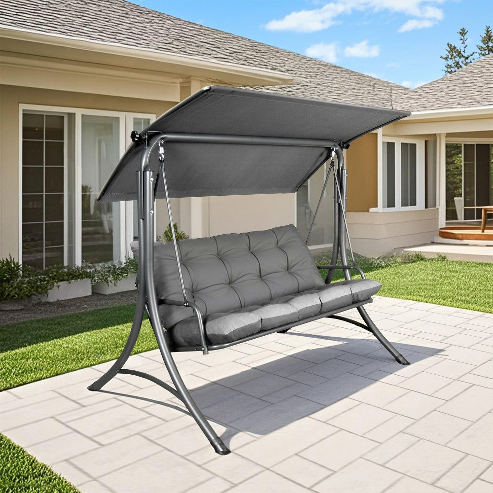 SUNJOY 3-Seat Outdoor Patio Swing with Adjustable Canopy and Removable Cushion - Gray