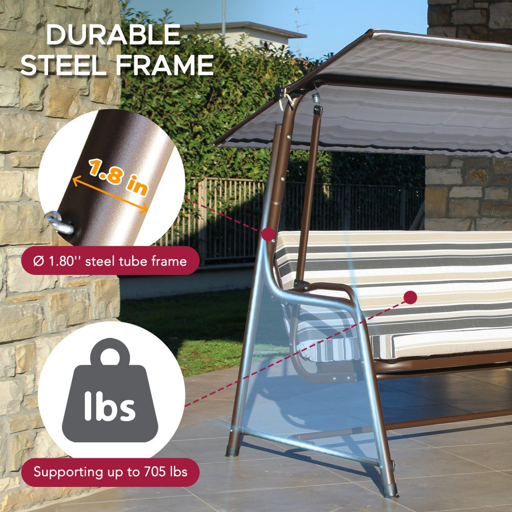 SUNJOY 4-Seat Outdoor Porch Swing and Bed with Adjustable Canopy and Cushion - Stripe