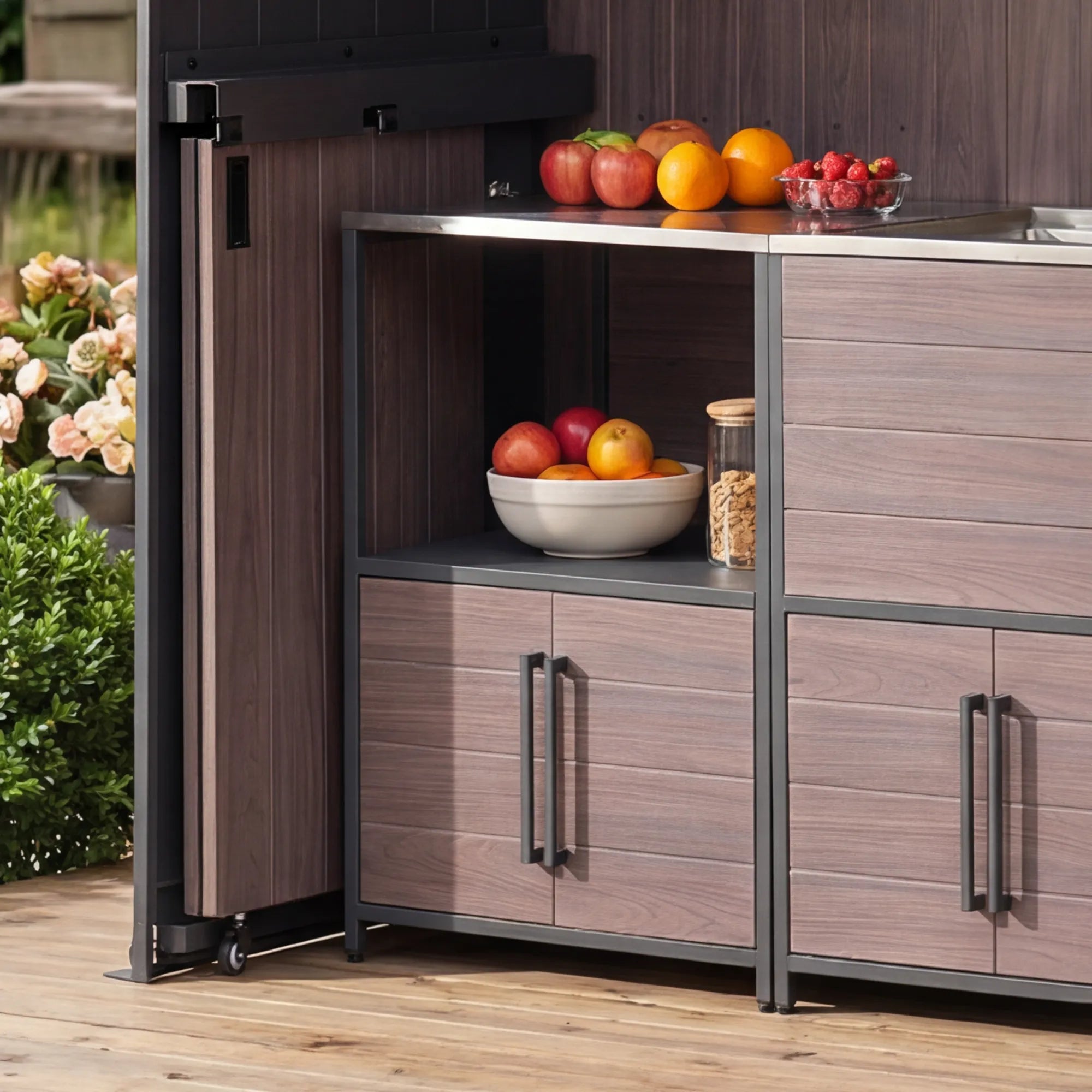 SUNJOY Fleetwood Prep Station with Stainless-Steel Countertop, Open Storage Shelf and Cabinet