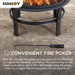 Sunjoy 29 in. Outdoor Fire Pit Black Steel Patio Fire Pit Backyard Wood Burning Fire Pit with Spark Screen and Fire Poker.