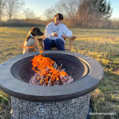 Sunjoy 32 in. Outdoor Fire Pit Brown and Gray Patio Fire Pit Wood Burning Stone Fire Pit with Spark Screen and Fire Poker.