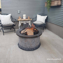 Sunjoy 32 in. Outdoor Fire Pit Brown and Gray Patio Fire Pit Wood Burning Stone Fire Pit with Spark Screen and Fire Poker.