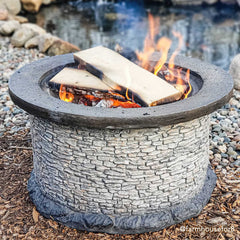 Sunjoy 32 in. Outdoor Fire Pit Brown and Gray Patio Fire Pit Wood Burning Stone Fire Pit with Spark Screen and Fire Poker.