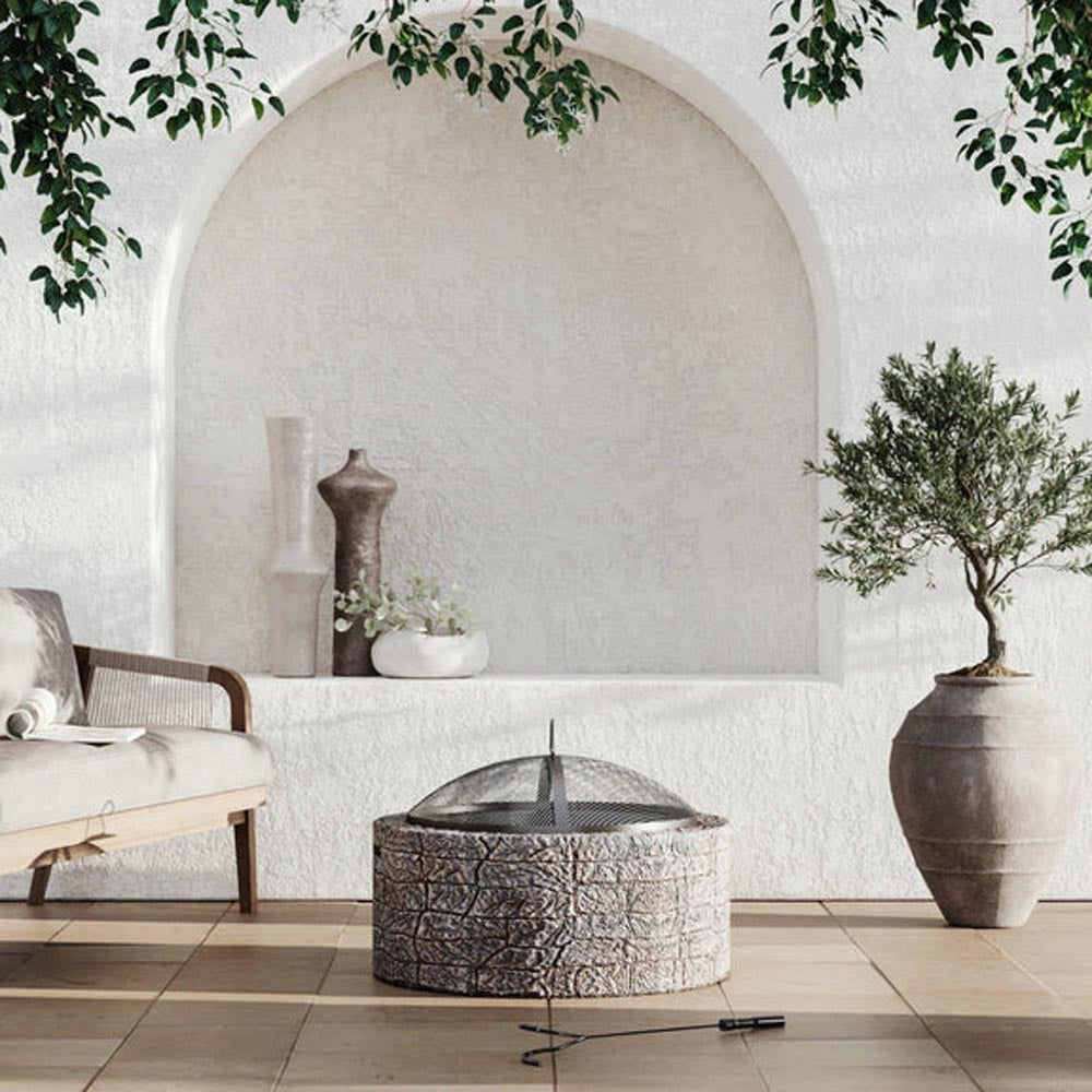 SUNJOY 26 Inch Small Outdoor Stone Firepit with Spark Screen and Poker.