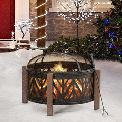 SUNJOY 31 Inch Black Wood Burning Steel Fire Pit with Spark Screen.