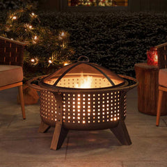 SUNJOY 30 Inch Copper Steel Holiday Fire Pit with Spark Screen & Poker.